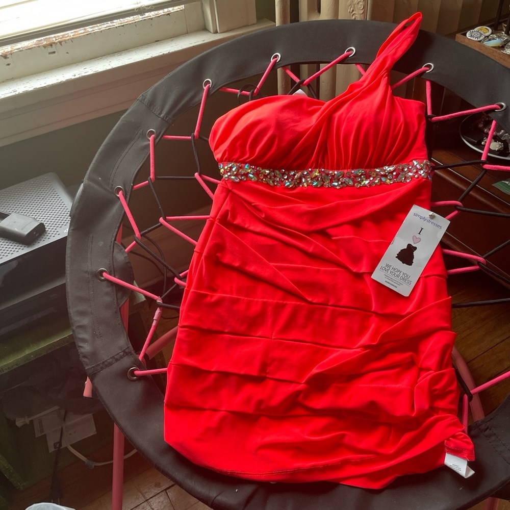 Red One-Shoulder Dress with Silver Accents